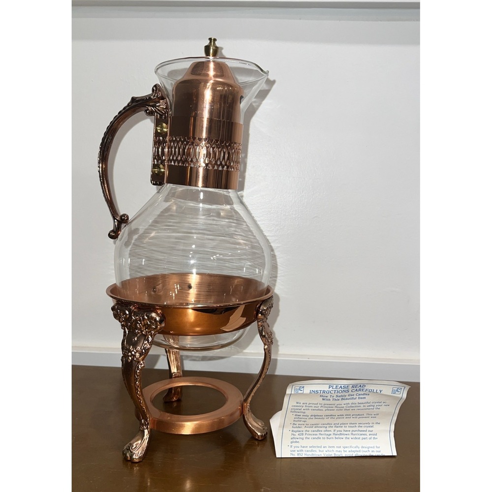 Vintage Princess House Glass Copper Party Coffee Pot Carafe with Stand